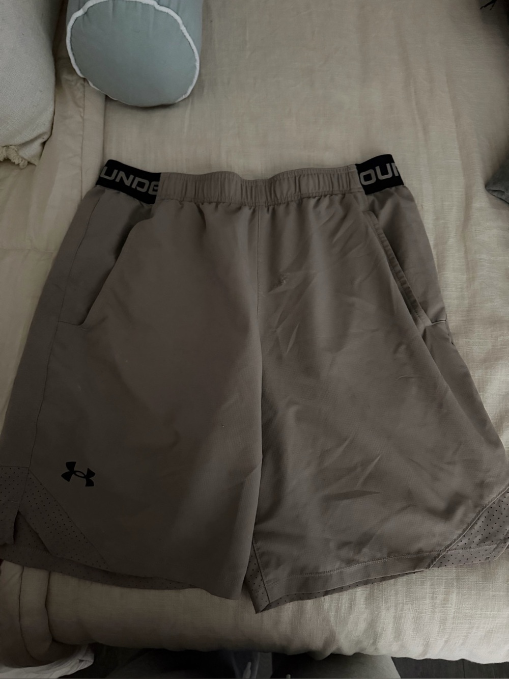 Under Armour Men's Athletic Shorts in Taupe Brown with Black Trim